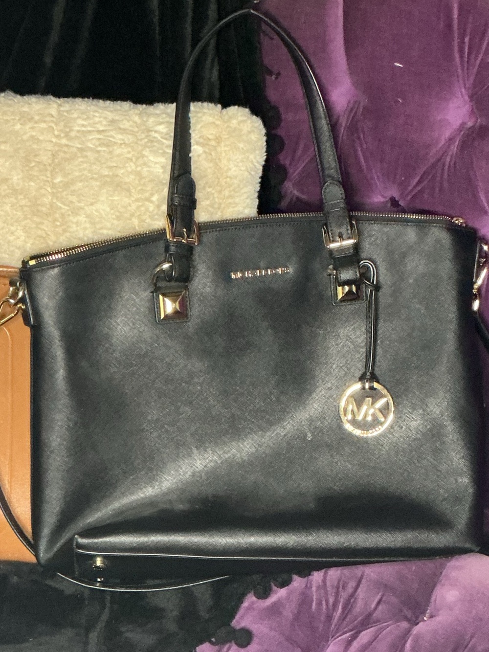 Michael Kors Black Leather Tote with Gold MK Charm